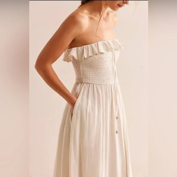 NWOT Free People, Lush Life Linen Strapless Midi Dress, Large - Picture 3 of 7